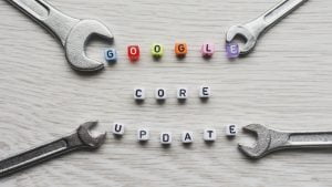 An image showing Google's Core Update spelt out using blocks on a table.