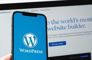 Simple WordPress website on computer screen.