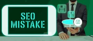 Image showing a person in a suit holding a tablet with the words 'SEO MISTAKE' displayed prominently on the screen. The background is green, and there are several floating icons of floppy disks, symbolizing data storage or saving, around the tablet.
