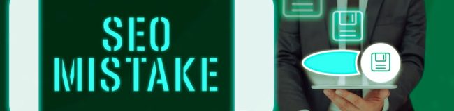 Image showing a person in a suit holding a tablet with the words 'SEO MISTAKE' displayed prominently on the screen. The background is green, and there are several floating icons of floppy disks, symbolizing data storage or saving, around the tablet.