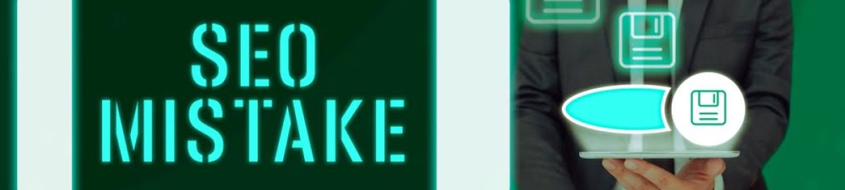 Image showing a person in a suit holding a tablet with the words 'SEO MISTAKE' displayed prominently on the screen. The background is green, and there are several floating icons of floppy disks, symbolizing data storage or saving, around the tablet.