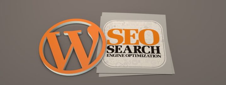 Image featuring the WordPress logo on the left, styled in orange, and a graphic to the right with the text 'SEO Search Engine Optimization' in bold orange and black lettering, placed on a light gray background with various internet-related icons.