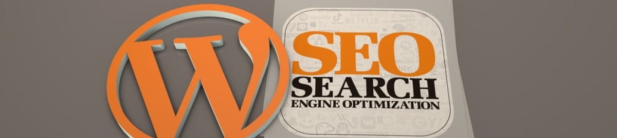 Image featuring the WordPress logo on the left, styled in orange, and a graphic to the right with the text 'SEO Search Engine Optimization' in bold orange and black lettering, placed on a light gray background with various internet-related icons.